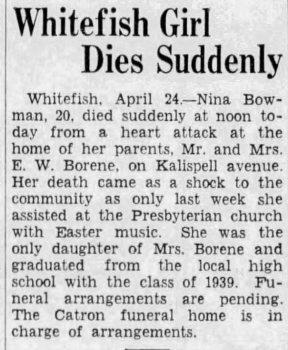 Obituary for Nina Bowman (Aged 20)